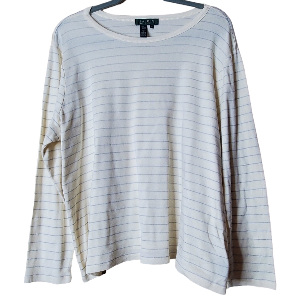 Lauren Ralph Lauren Long Sleeve Striped Knit Top Ivory Metallic Silver W…